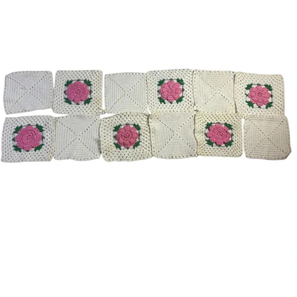 Set of 12 Crochet Granny Squares Floral Pink‎ Rose White Cream Handmade Crafting